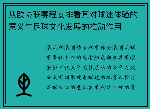 从欧协联赛程安排看其对球迷体验的意义与足球文化发展的推动作用